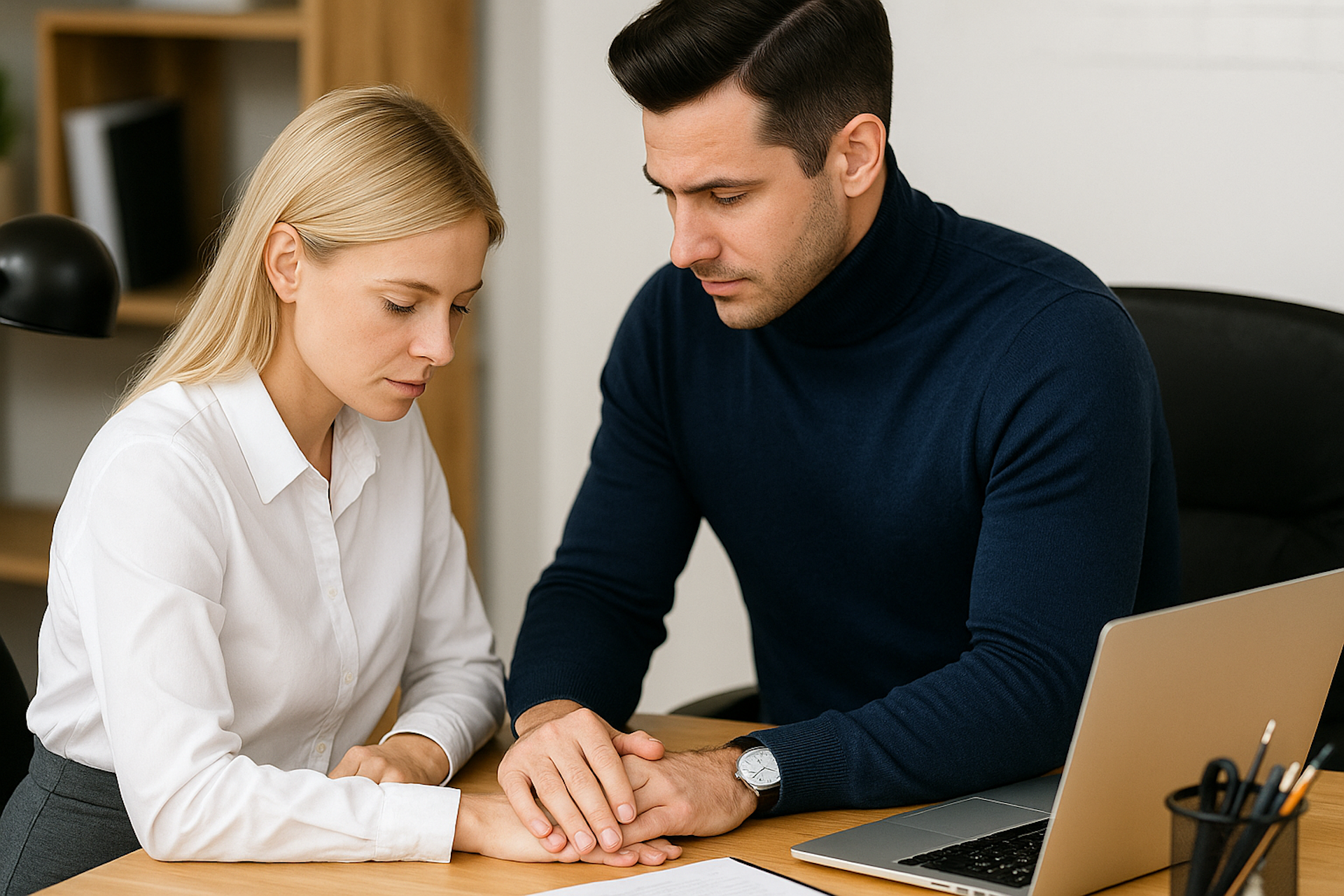Sexuelle Belästigung einer blonden Frau am Schreibtisch durch einen Kollegen