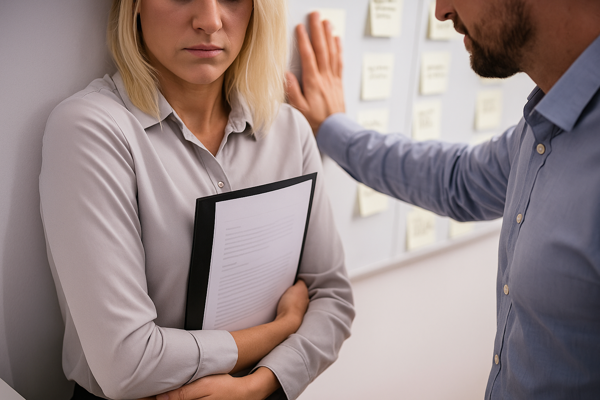 Sexuelle Belästigung einer blonden Frau im Büro